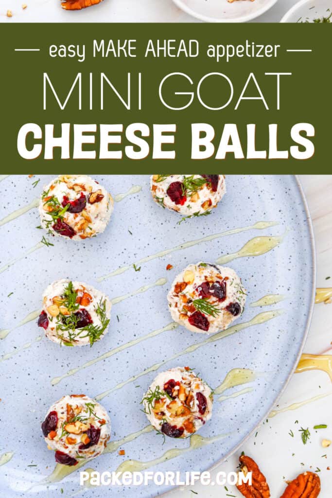 Vertical PIN with an overhead view of make ahead goat cheese cranberry balls mixed with dried cranberries, chopped pecans, and fresh dill, arranged on a blue serving platter with a drizzle of honey.