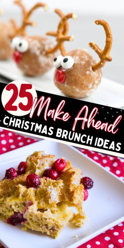 Collage of cute and easy christmas morning breakfast ideas; Pancake Nachos, Casseroles, peppermint donuts and gingerbread pop tarts