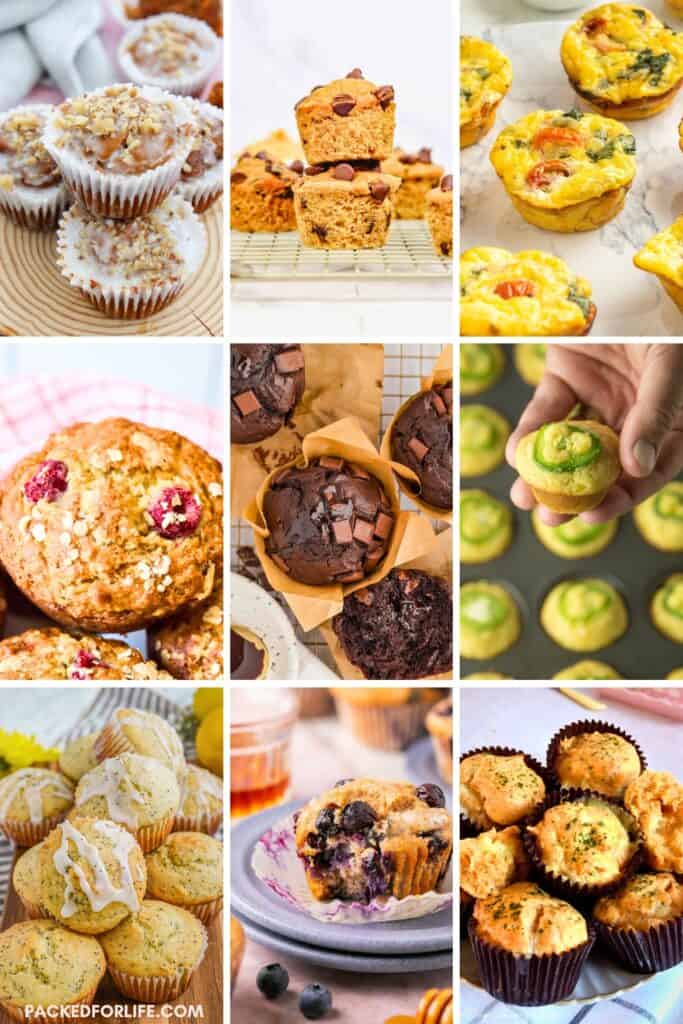 Collage of assorted muffins including sweet flavors like blueberry, chocolate, raspberry, and lemon poppy seed alongside savory muffins with eggs, vegetables, and herbs. The image highlights easy sweet and savory muffin recipes by showing a variety of homemade muffins with different textures, toppings, and fillings to inspire baking ideas.