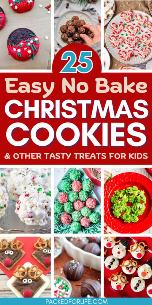 Pin of a variety of easy no bake Christmas cookies and treats. 