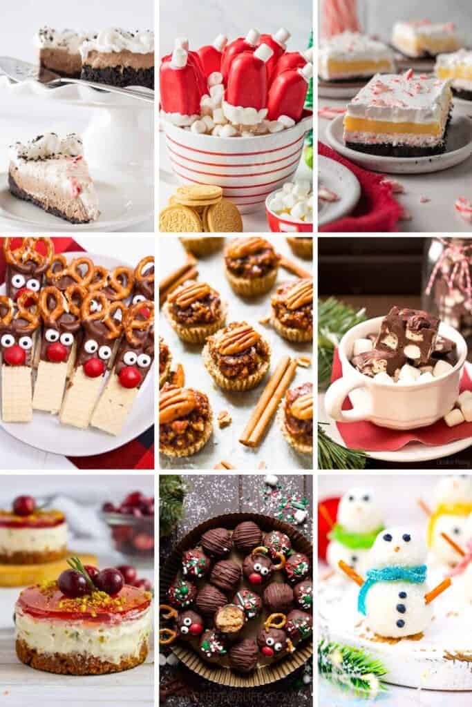 A collage of no bake Christmas treats from reindeer wafer cookies, and no bake Christmas cheescakes, to mini pecan tarts, hot cocoa fudge, and santa hat cakesicles.