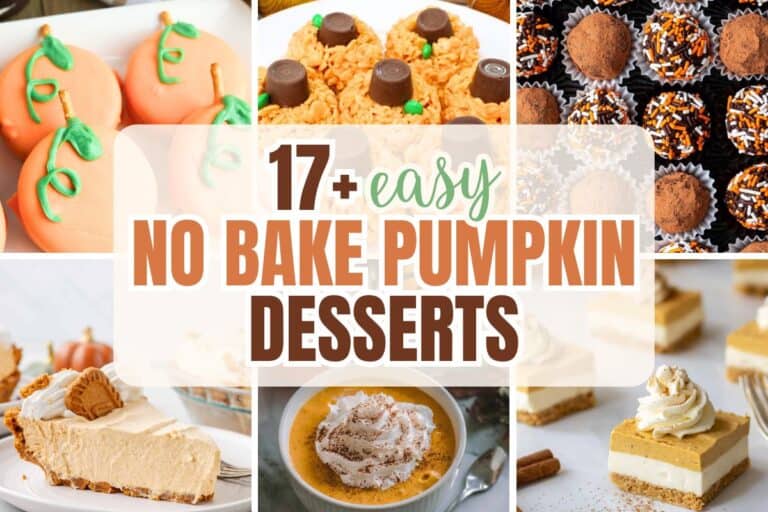 Collage of no bake pumpkin dessert recipes including pumpkin pie. pumpkin mousse. layered cheesecake bars. pumpkin Rice Krispie treats. and chocolate truffles. Text reads "17 plus easy no bake pumpkin desserts".