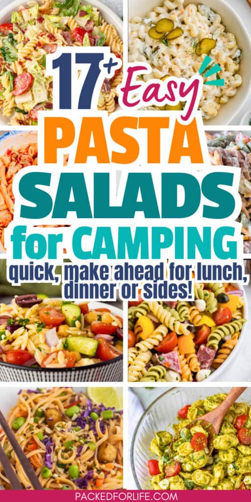 Collage of colorful chilled noodle dishes in bowls, including creamy macaroni with pickles, Mediterranean orzo with vegetables, Asian-style noodles with cabbage, and pesto tortellini, highlighting easy pasta salads for camping that work well for outdoor lunches, dinners, or sides.