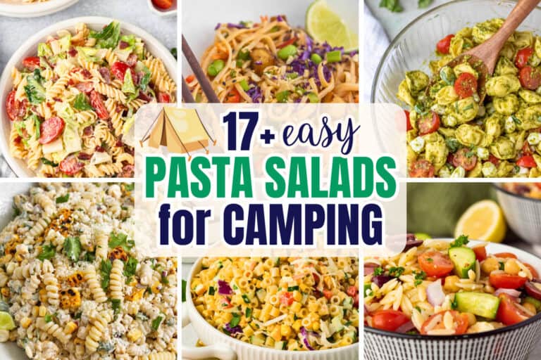 Collage of different pasta salads including BLT pasta salad Thai noodle salad pesto tortellini salad elote pasta salad coleslaw pasta salad and Greek orzo salad arranged around text that reads "17+ easy pasta salads for camping" with a small tent icon. The image highlights a variety of colorful make ahead pasta salads suitable for camping meals.