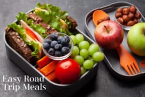 Healthy road trip lunch box with sandwich and fresh vegetables, water bottle, nuts and fruits