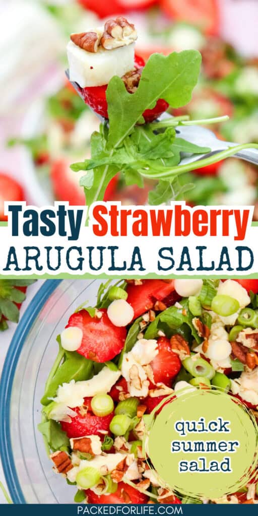 A PIN of a fork full and clear bowl of strawberry, goat cheese salad wirh aruguals, green onions and pecans.