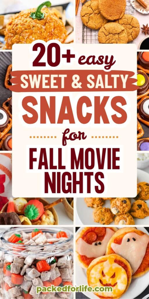 A collection of easy salty and sweet autumn snack recipes including a pumpkin cheese ball, ghost mini pizzas, s'mores pumpkin cookies, Halloween snack mix, gingersnap cookies, and Fall candy pretzel treats for cozy fall movie nights.