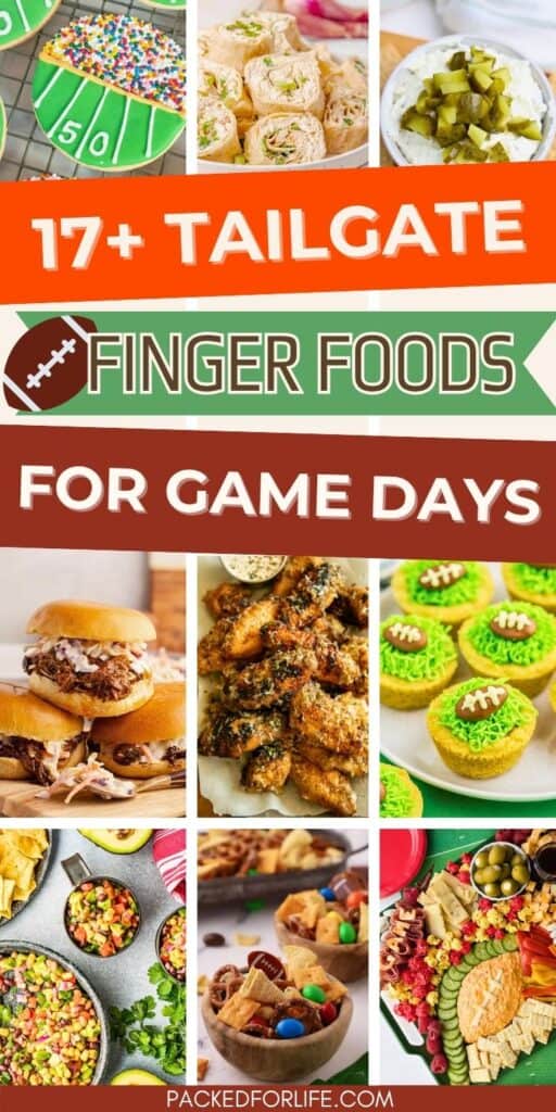 Colorful collage of finger foods for game day including sliders, football-themed cookies, dips, snack mixes, wings, and a charcuterie board arranged in a grid layout.