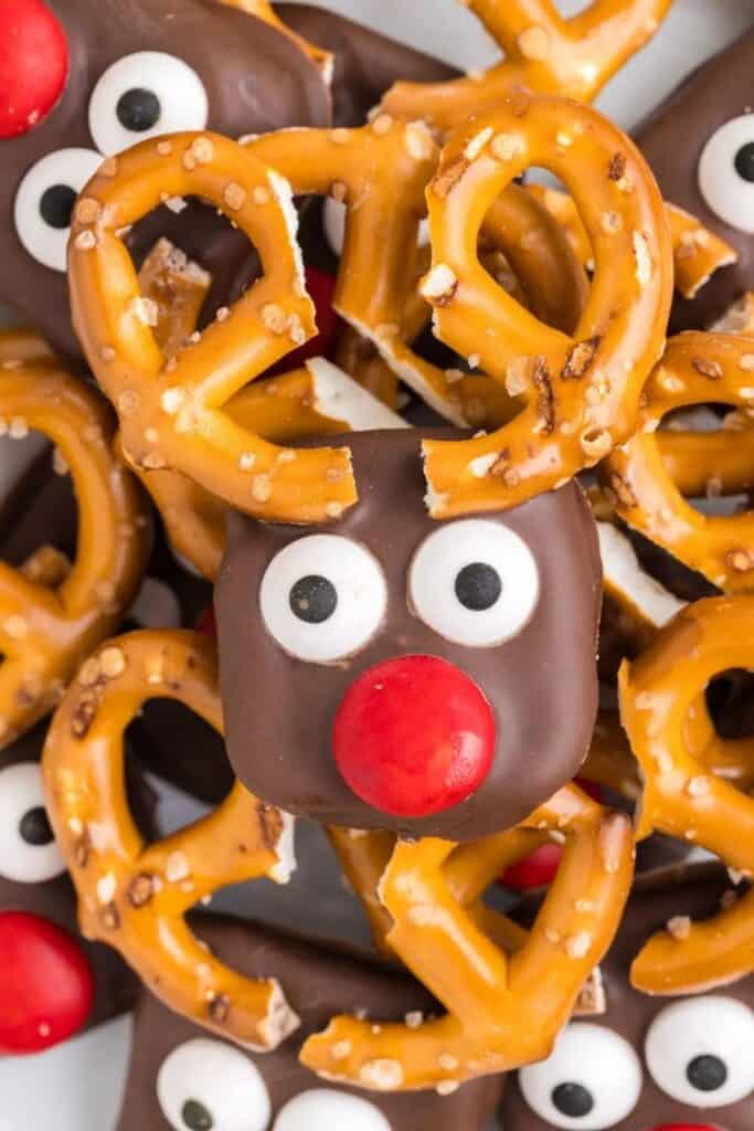 Square chocolate Reindeer, with candy eyes, pretzel antlers and red candy nose. 