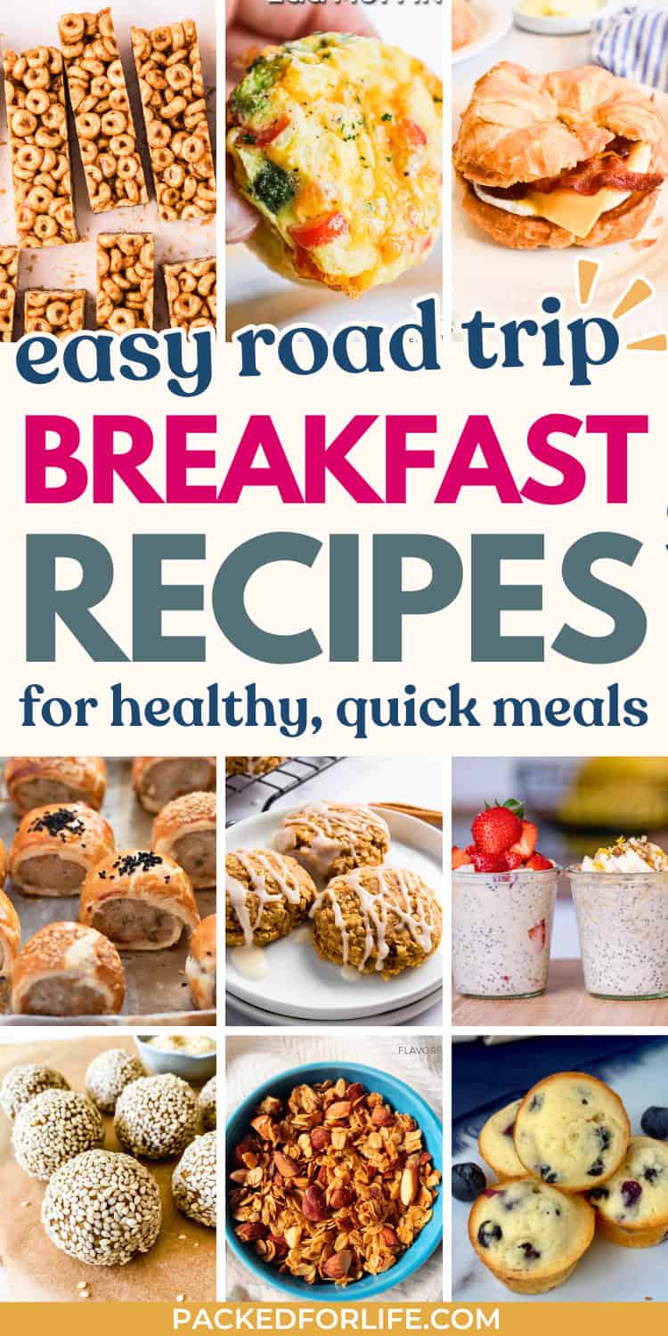 Collage of portable morning foods like cereal bars, egg muffins, croissant sandwiches, sausage rolls, oat cookies, chia pudding, energy bites, granola, and mini muffins as breakfast on the road ideas.
