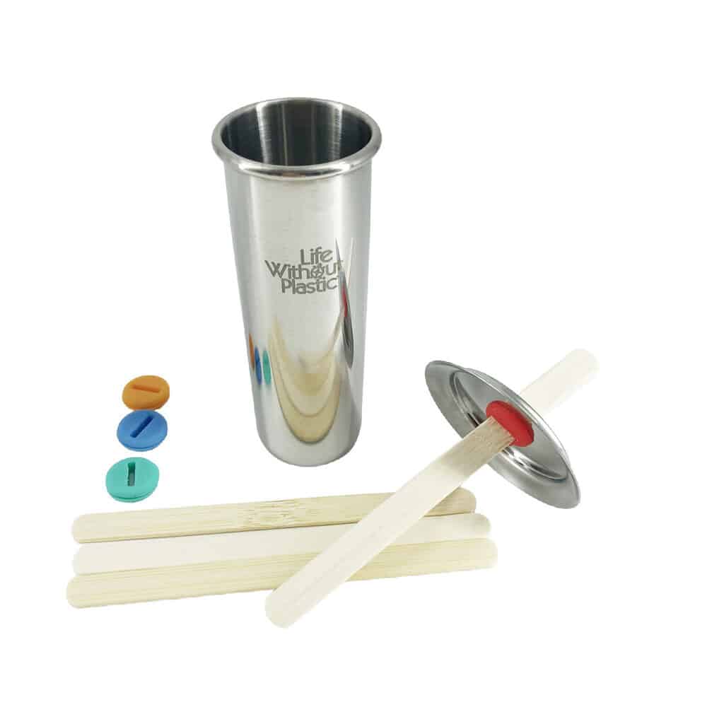 Stainless Steel popsicle container with 4 wooden sticks.