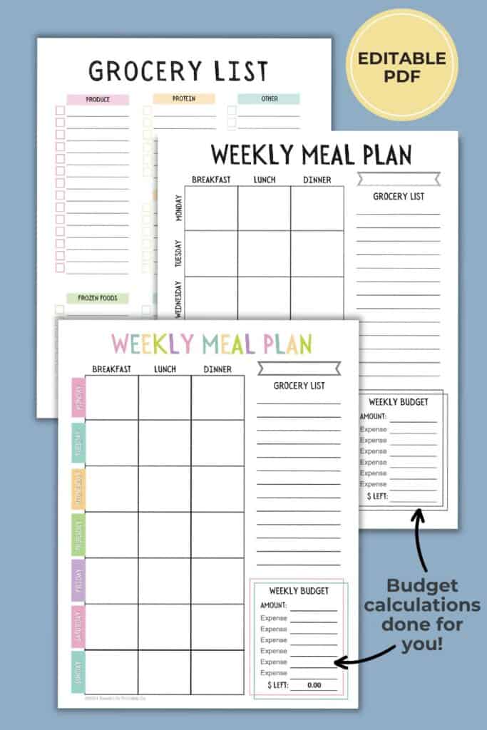 Two Weekly Meal Planner Sheets and one Grocery List printable.