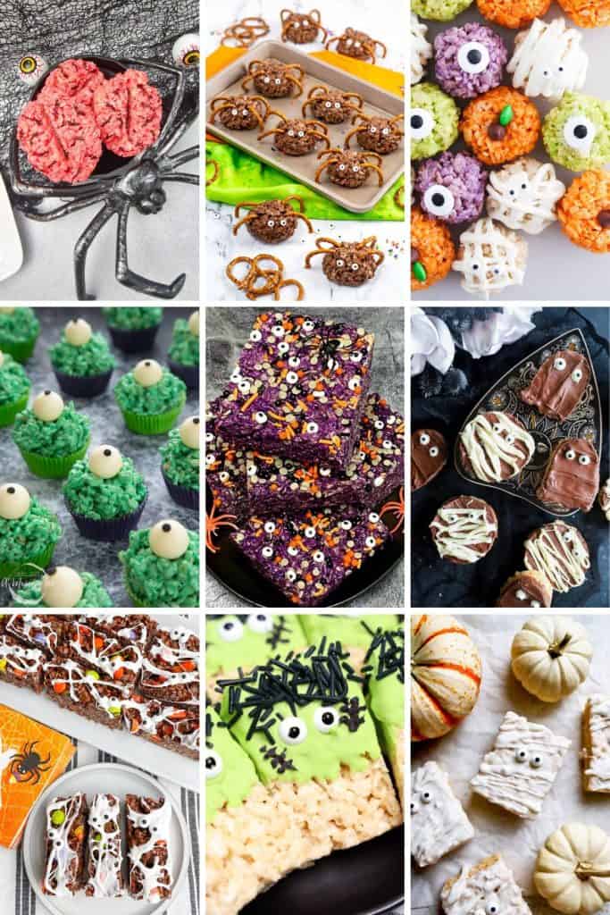 A collage of colorful Halloween-themed Rice Krispie treats decorated as creepy creatures and spooky shapes, including pink brain clusters in a spider dish, chocolate spiders with pretzel legs, monster eyes, purple sprinkle bars with candy eyeballs, mummy squares with white drizzle, Frankenstein-topped treats, and festive pumpkin and ghost designs.