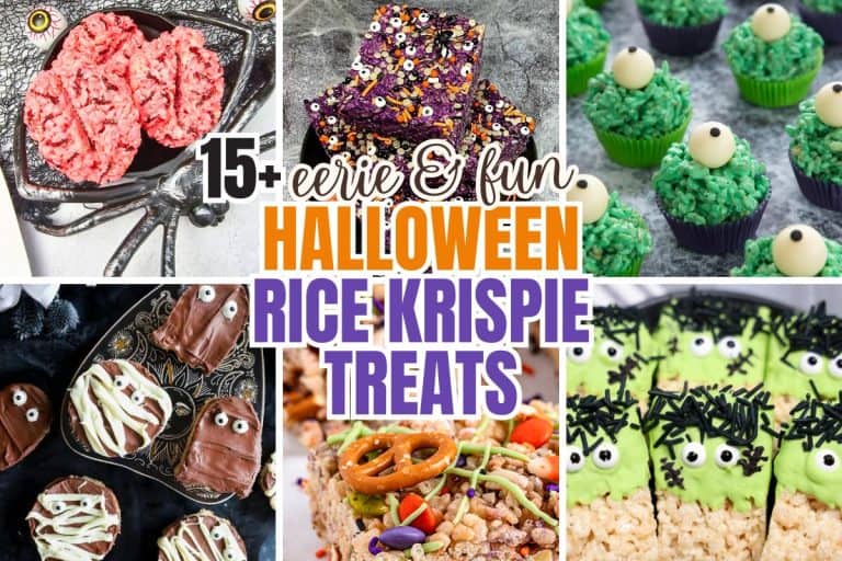 A collage of colorful Halloween Rice Krispie treats with text overlay reading “15+ eerie & fun Halloween Rice Krispie Treats,” featuring designs like pink brain clusters in a spider bowl, purple sprinkle bars with candy eyes, green monster eye cupcakes, chocolate mummy squares, pretzel-topped bars with Halloween sprinkles, and Frankenstein-topped treats with green frosting and black sprinkles.