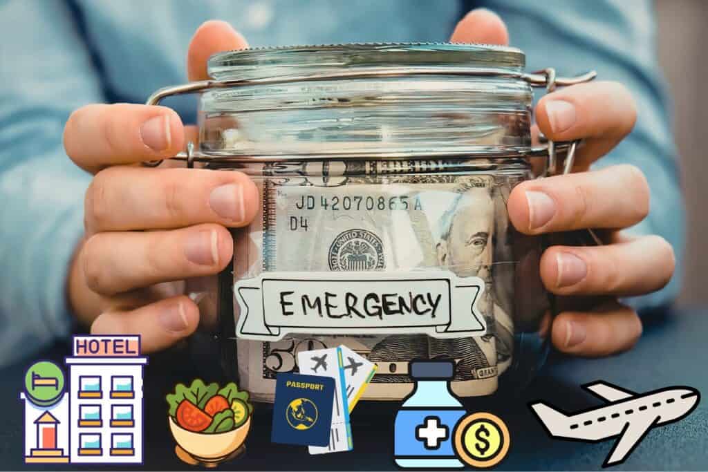 Hands holding a glass jar filled with cash labeled Emergency with dollar bills visible inside and travel themed icons like a hotel passport medicine and airplane along the bottom. The image represents an emergency travel fund.