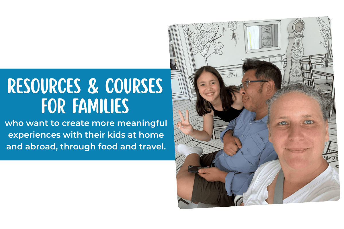 Family sitting together and smiling in a creative illustrated caf&eacute; space beside a graphic promoting helpful family travel resources and courses for parents who want meaningful food and travel experiences with their kids.