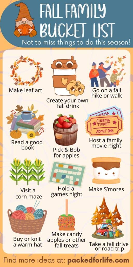 Fall Family Bucket List ideas with fall graphics from reading a good fall book to visiting a corn maze, or holding a family movie or games night.