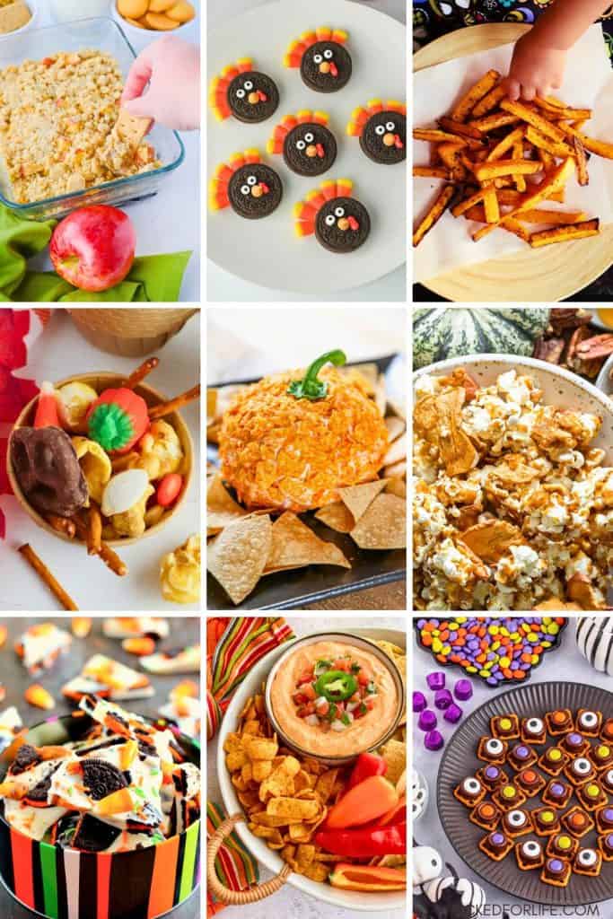 Collage of fall movie night snacks for kids and adults, featuring a mix of sweet and savory treats. Includes warm apple pie dip, Oreo turkey cookies, baked butternut squash fries, festive fall snack mix, pumpkin-shaped cheese ball with chips, caramel apple popcorn, Halloween bark, cottage cheese taco dip with Fritos and peppers, and pretzel bites topped with chocolate and candy eyes.