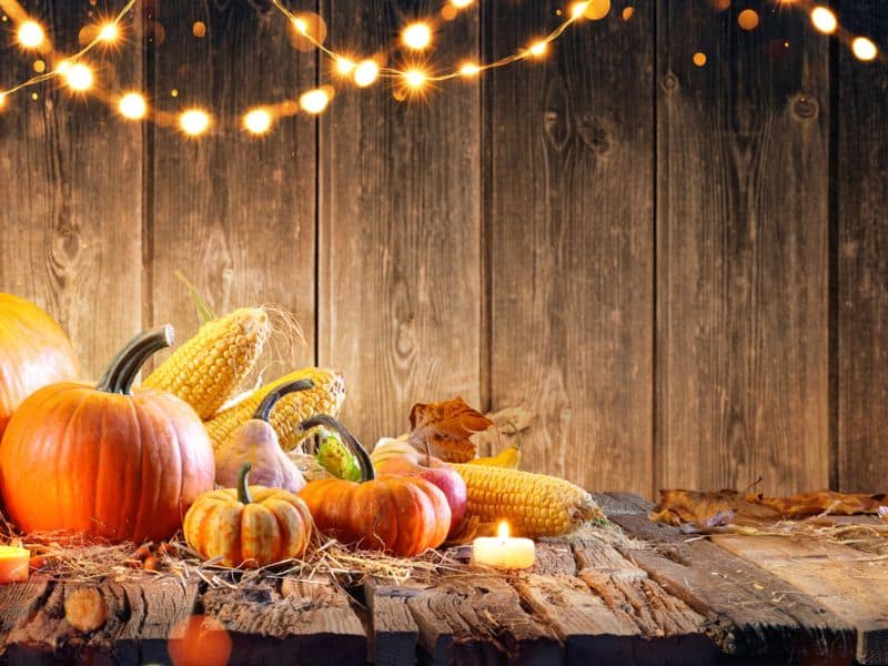 Fall party scene with varies pumkins and gourds, string lights and candles against wooden background.