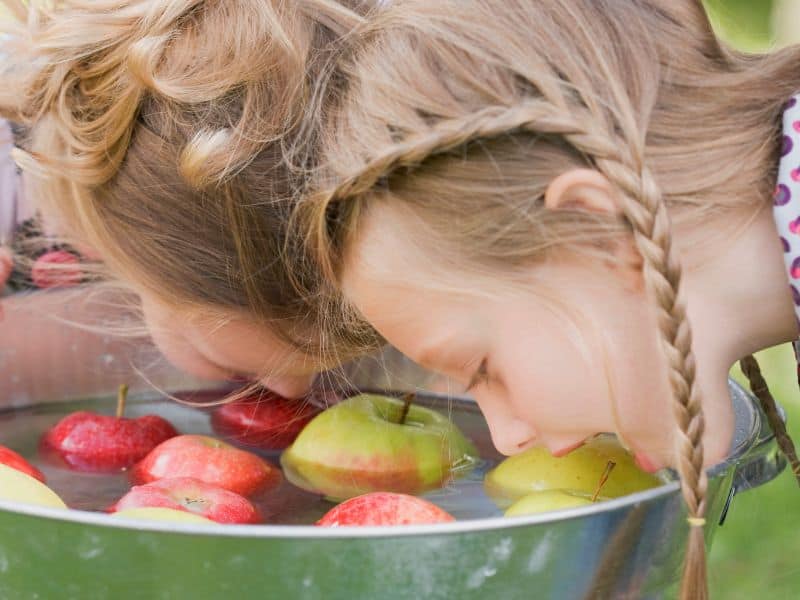 Two young girls bobbing for apples in a metal bin.