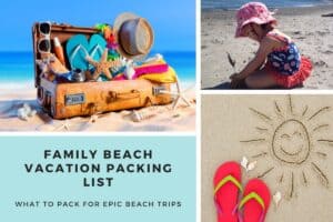 Suitcase open with beach gear, Baby playing at the beach. Family beach packing list.