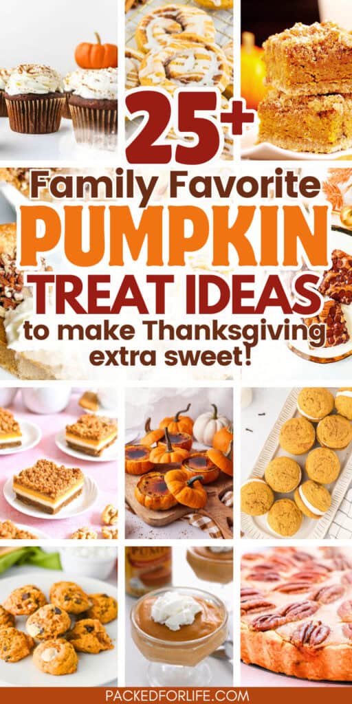A collage of homemade pumpkin desserts including pumpkin cupcakes, pumpkin cinnamon roll cookies, s'mores cookies, pumpkin cheescake pie and bars, pumpkin whoopie pies, pumpkin creme brulee, pudding, and cakes highlighting cozy thanksgiving dessert ideas for pumpkin lovers.