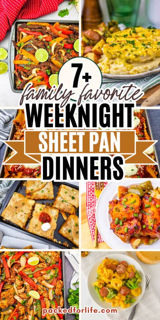 A colourful collage of steak and chicken fajitas, cheesy baked fish, lasagna, stuffed pockets, glazed chicken and sausage tortellini offers kid-friendly weeknight meals and easy one pan dinners.