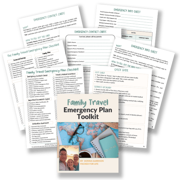 Printable family travel emergency plan toolkit including emergency contact cards, travel emergency checklist, medical information sheets, and safety planning worksheets for family trips.