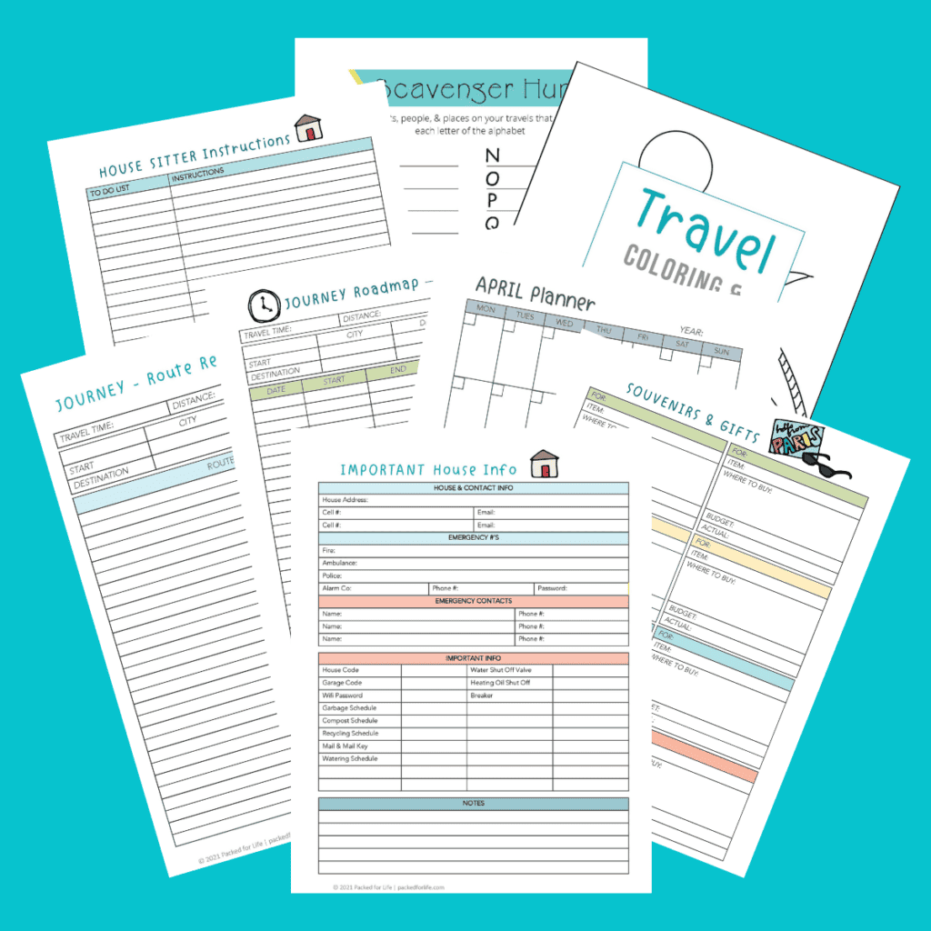 Eight printable planner pages fanned out. 