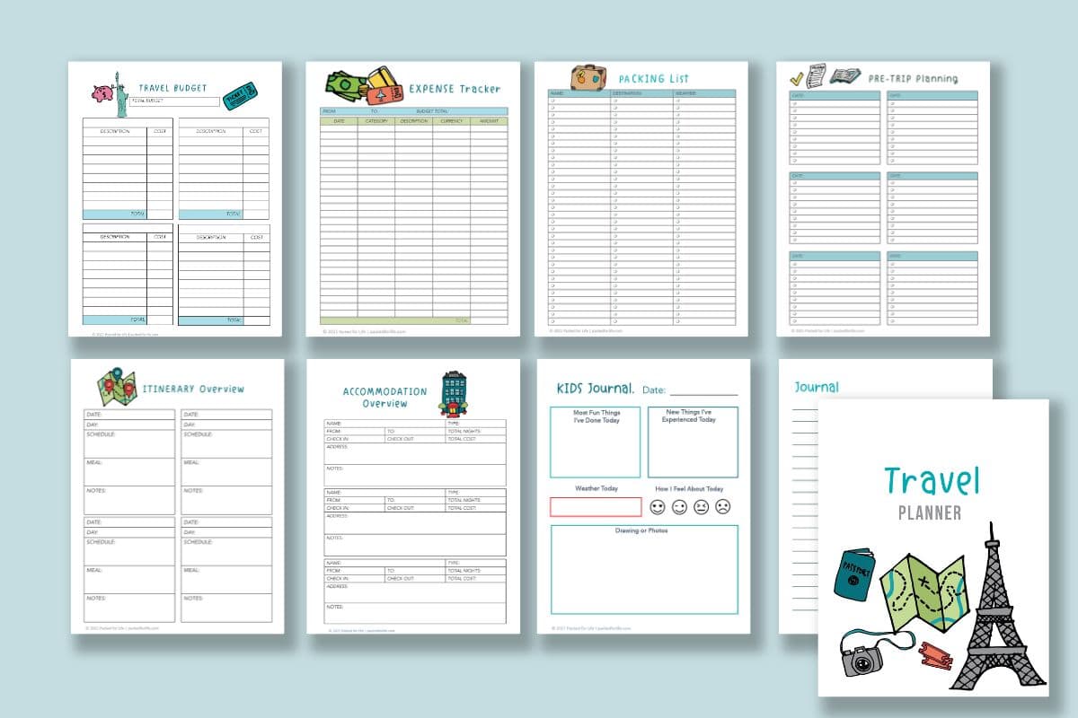 Family vacation planner printable featuring eight organized planning pages plus one cover laid out in a grid including travel budget, expense tracker, packing list, pre trip planning, itinerary overview, accommodation overview, kids travel journal, lined journal page, and a colorful travel planner cover with illustrations of a passport, map, camera, tickets, and the Eiffel Tower.