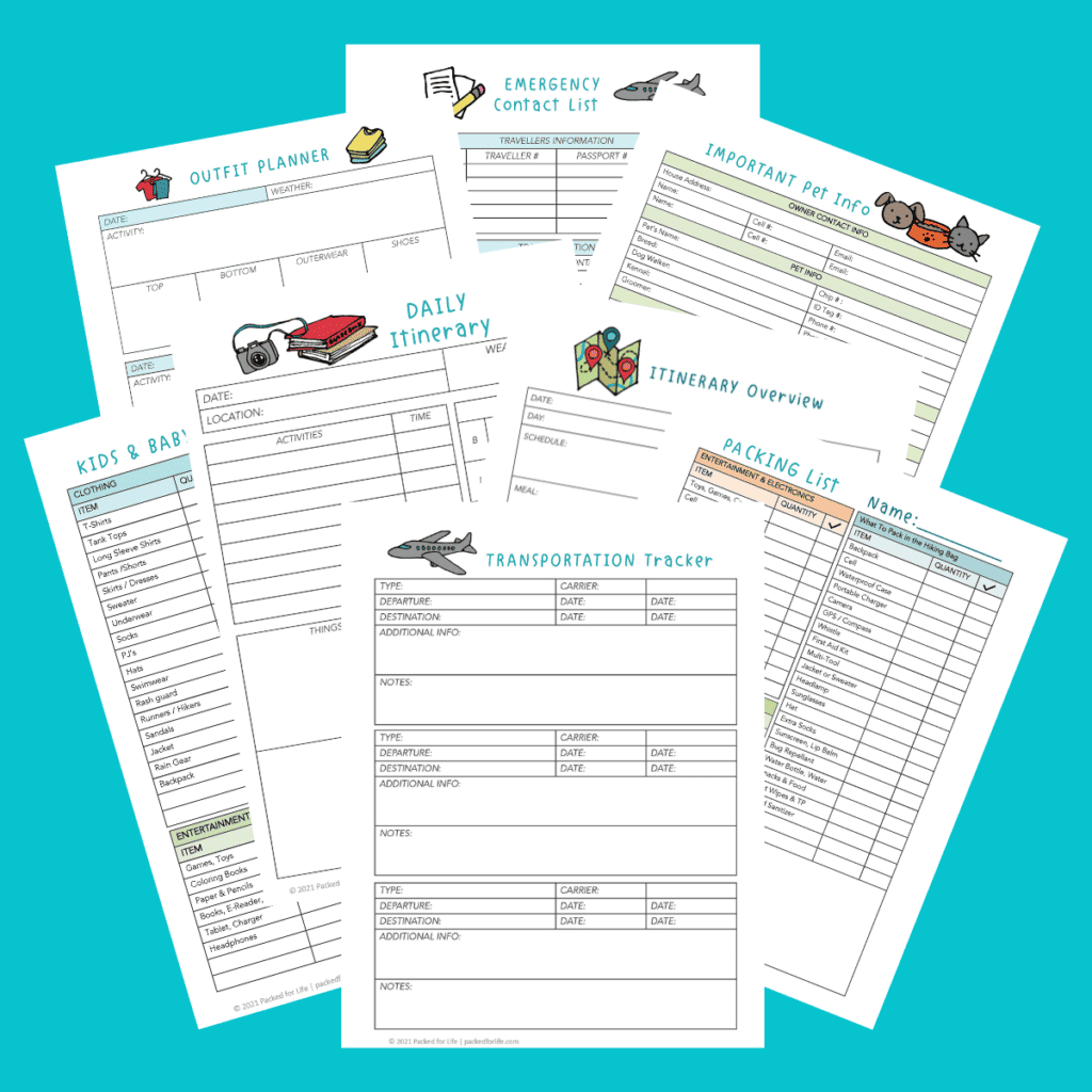 Eight printable planner pages fanned out. 