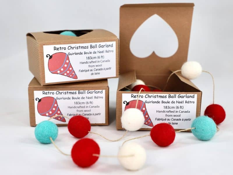 Multi-colored felted Retro Christmas Ball garland and 3 boxes. 