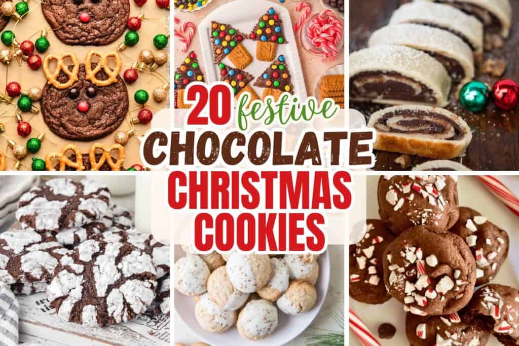 Collage of holiday cookies including reindeer cookies with pretzel antlers, chocolate crinkle cookies dusted in powdered sugar, peppermint topped chocolate cookies, Christmas tree shaped cookies with M&M ornaments, and chocolate swirl rugelach. A bold title in the center reads “20 Festive Chocolate Christmas Cookies” in red, green, and brown text.