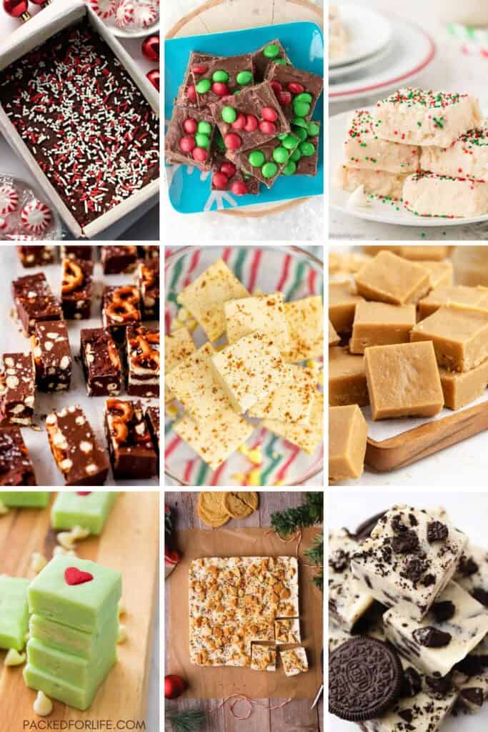 A collage of nine easy Christmas fudge recipes, each featuring a unique holiday flavor. Varieties include peppermint fudge with sprinkles, M&M chocolate fudge, sugar cookie fudge, pretzel fudge, eggnog fudge, peanut butter fudge, Grinch fudge, sugar cookie crumble fudge, and Oreo fudge.
