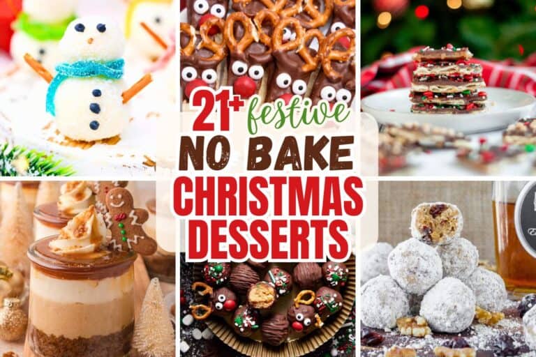 Collage of festive no bake Christmas desserts recipes including snowman-shaped coconut truffles, chocolate pretzel reindeer bites, layered peppermint bark, gingerbread cheesecake jars, and powdered sugar snowball cookies. The text overlay reads “21+ festive no bake Christmas desserts” in bold holiday-themed fonts.