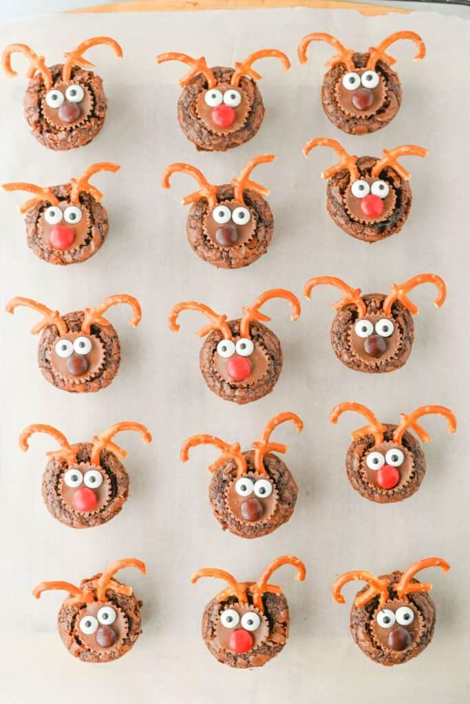 Fifteen completed reindeer brownie bites arranged in neat rows on parchment paper, each decorated with pretzel antlers, candy eyes, a Reese’s mini cup, and a red or brown M&M nose. The festive treats are ready to serve for a fun holiday or Christmas party.