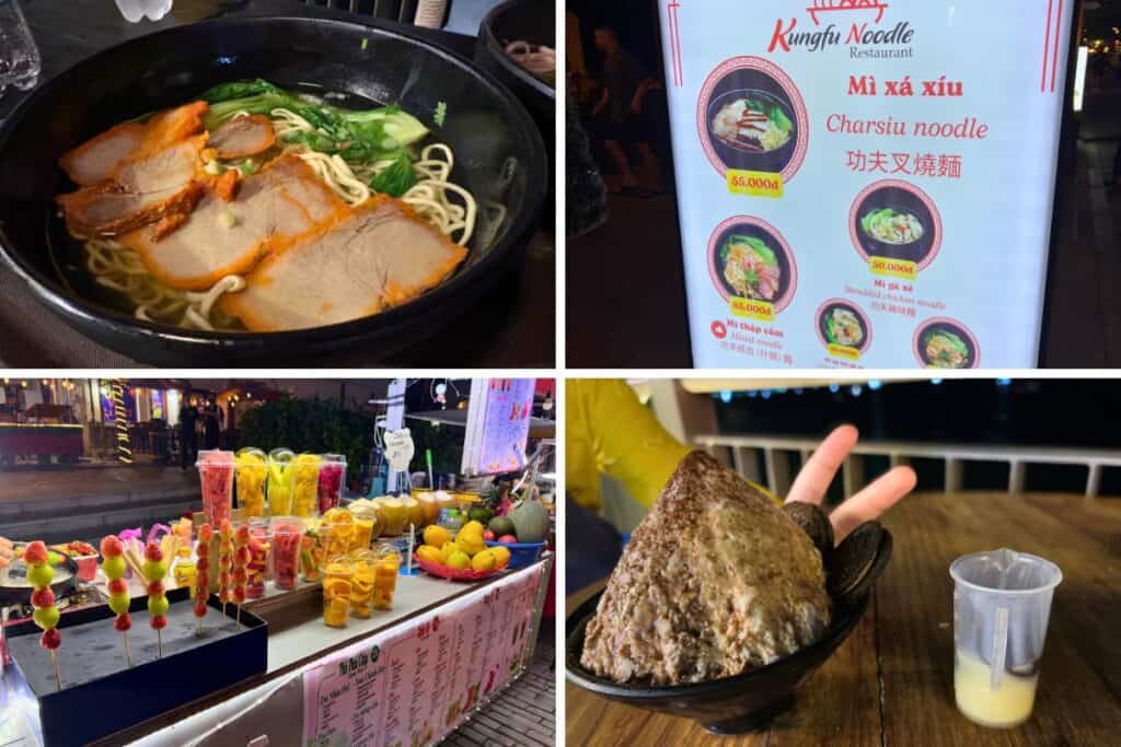 A collage of Vietnamese street food at the Vui Fest Bazaar: char siu noodle soup, a menu board, a fruit stall with skewers and mango cups, and a bowl of chocolate shaved ice with Oreos and condensed milk.