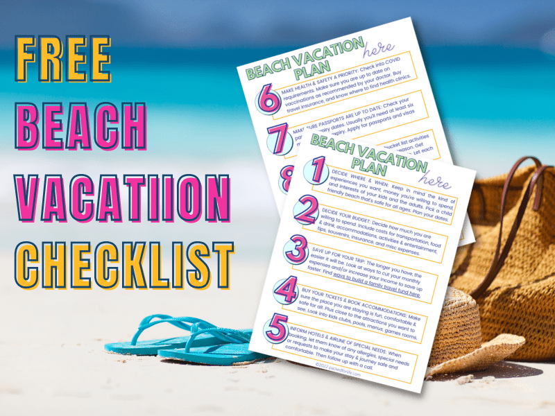 Two pages of free beach vacation cheat sheets over sandals on the beach.