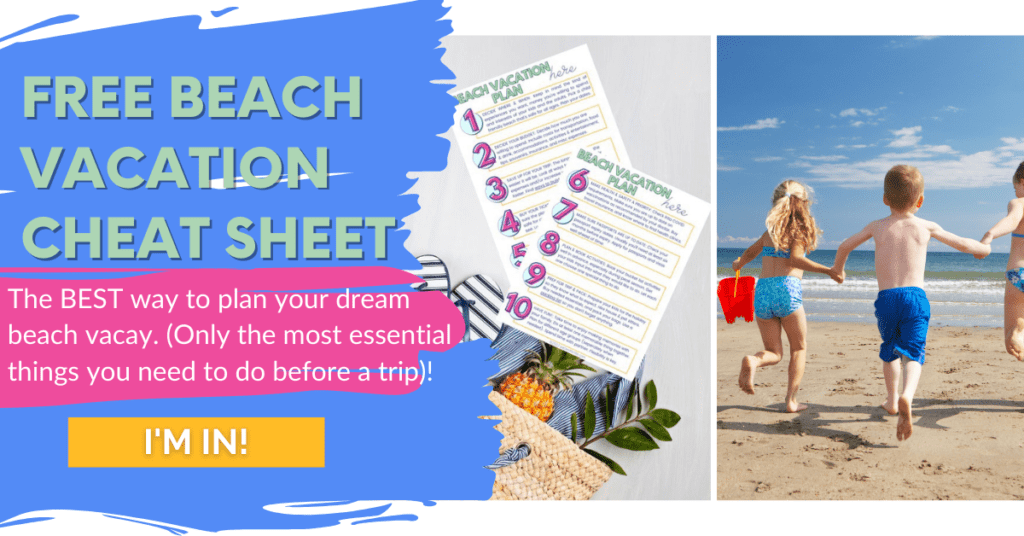 3 young children holding hands running down the beach. Free beach vacation cheat sheet. Grab it here. 