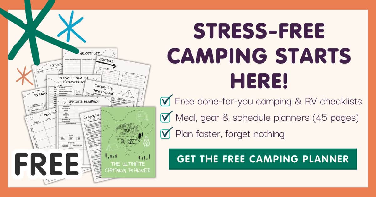 Opt in graphic promoting a free printable camping planner with text that reads &ldquo;stress-free camping starts here!&rdquo; and &ldquo;free done-for-you camping & RV checklists.&rdquo; It shows a stack of planning pages and a booklet titled &ldquo;the ultimate camping planner&rdquo; alongside checklist items &ldquo;meal, gear & schedule planners (45 pages)&rdquo; and &ldquo;plan faster, forget nothing,&rdquo; with a button that says &ldquo;get the free camping planner&rdquo; and the word &ldquo;free&rdquo; displayed prominently.