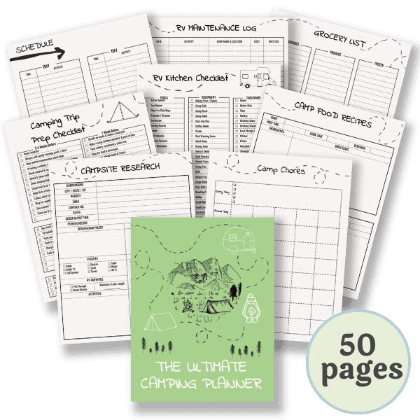 Printable worksheets including campsite research pages, camping trip checklist, RV kitchen checklist, camp chore chart, grocery list, and meal planning pages designed as a free camping planner printable for organizing family camping trips.