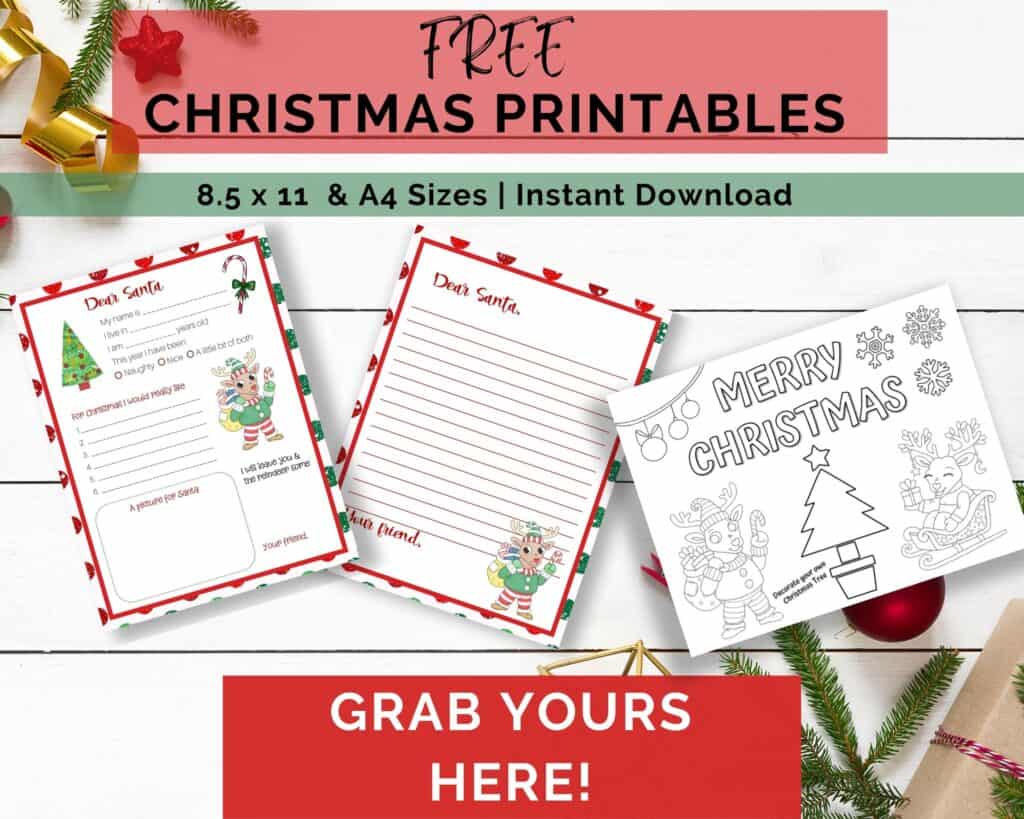 Letter to Santa & Wishlist Template with a cute reindeer and candy cane, and a Merry Christmas coloring page over a wooden background