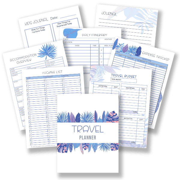Printable travel planning worksheets including itinerary pages, packing list, travel budget tracker, journal pages, and expense tracker designed as a helpful family travel planner printable.