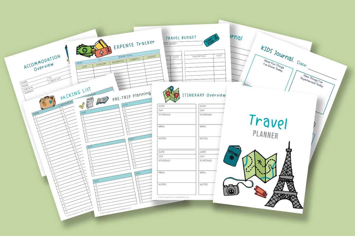 Free printable family vacation planner featuring a colorful cover that reads Travel Planner with illustrations of the Eiffel Tower, passport, map, camera, and tickets. Spread behind the cover are organized planning pages including accommodation overview, expense tracker, travel budget, packing list, pre trip planning, itinerary overview, and a kids travel journal to help families plan and track every part of their trip.
