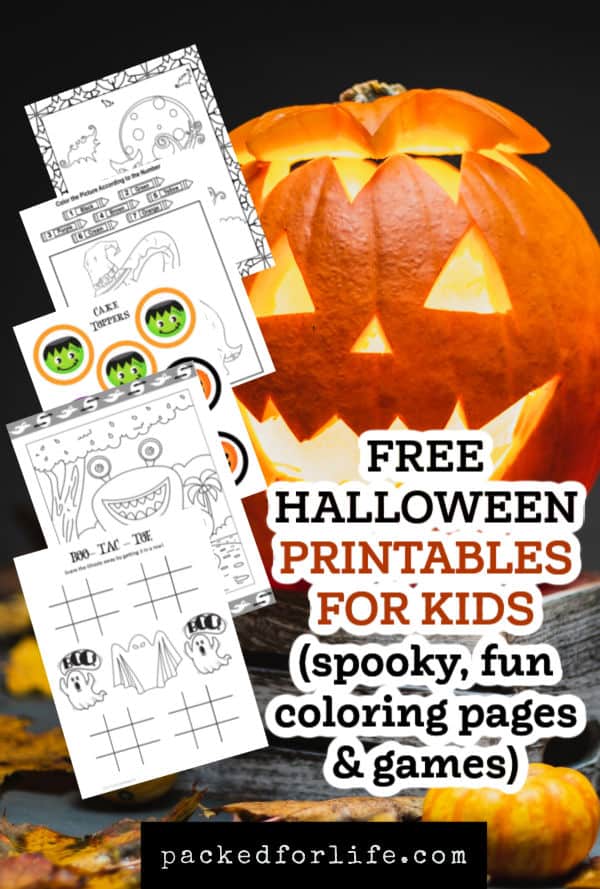 Free Halloween Printable coloring sheets fanned out over jack o lanterm