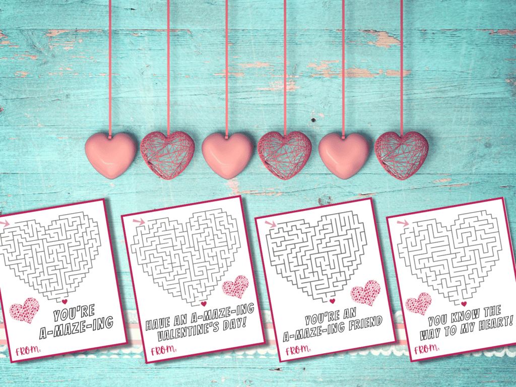 Four printable maze Valentine's Day Cards 