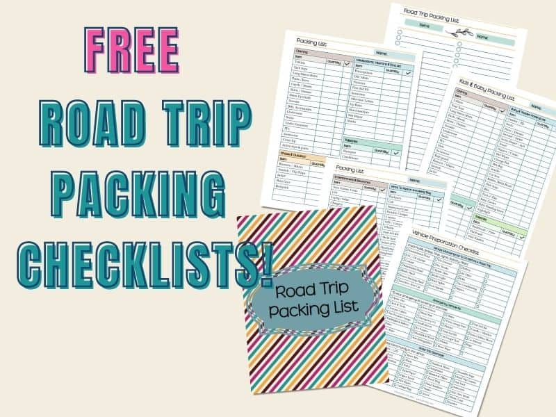 Six pages of free road trip packing lists fanned out.