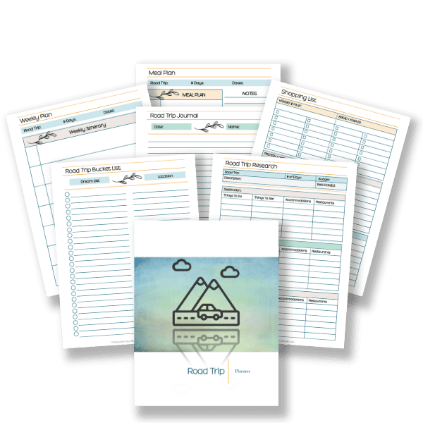 Printable worksheets including a meal planner, shopping list, travel journal, research pages, and bucket list designed as a helpful free road trip planner printable for organizing family travel.
