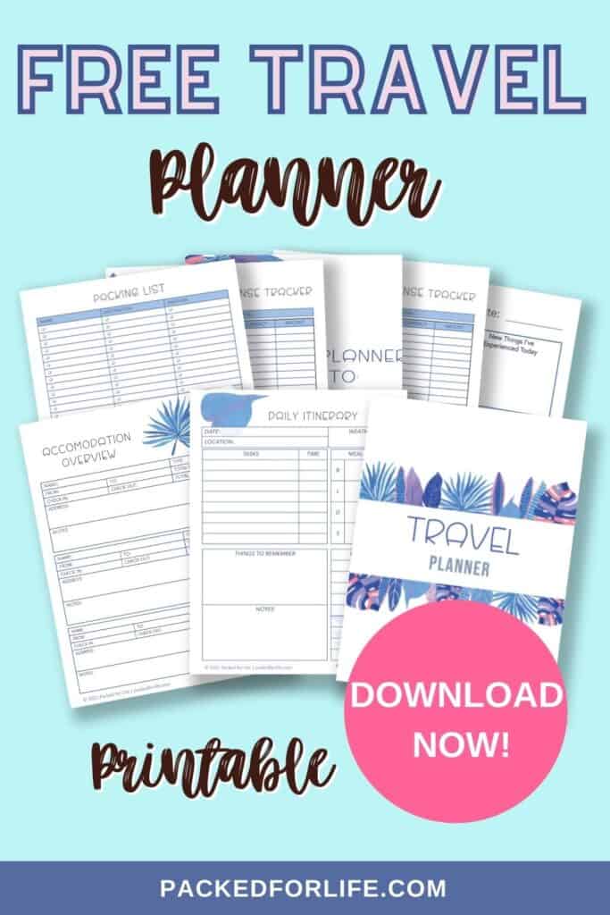 Printable free travel planner pages fanned out. 