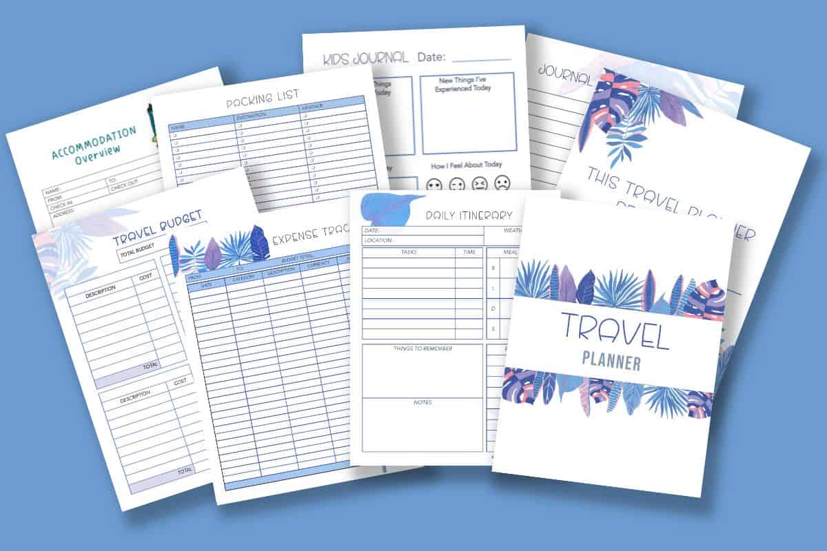 Free vacation planner printables for busy moms featuring a coordinated set of tropical themed planning pages in blue and purple tones. The image shows travel budget, expense tracker, packing list, accommodation overview, daily itinerary, kids journal, lined journal page, and a travel planner cover decorated with leafy accents, designed to help moms organize every detail of a family trip in one place.